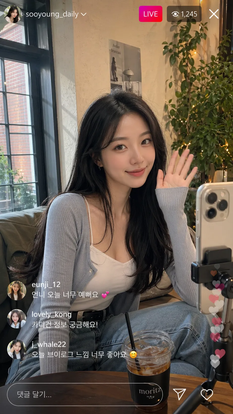 ChatGPT Images 2.0 example 2: Korean MZ-style female subject framed like an Instagram live broadcast