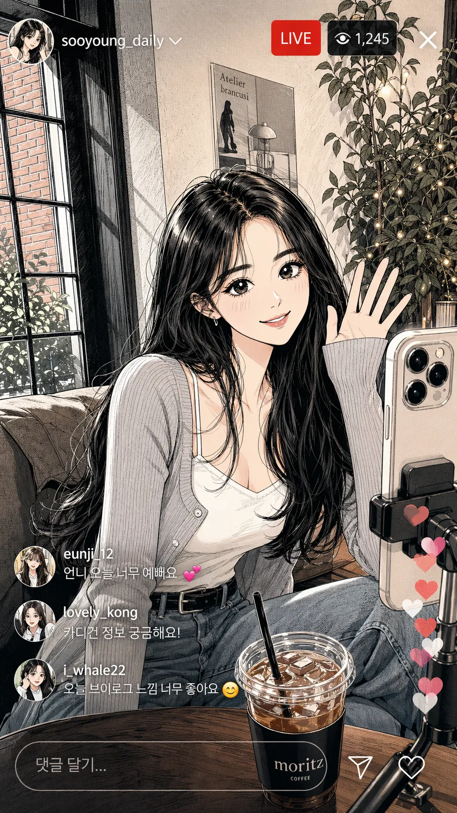 ChatGPT Images 2.0 example 4: Korean MZ-style female subject rendered in a monochrome comic sketch style